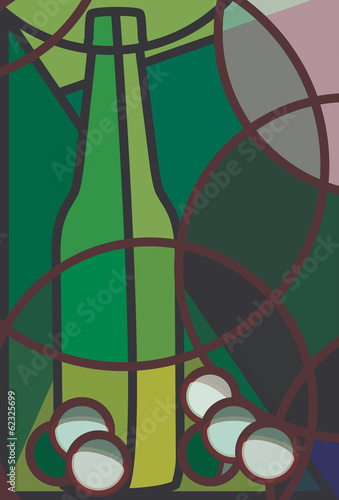 Stylised illustration of a bottle of white wine and grapes