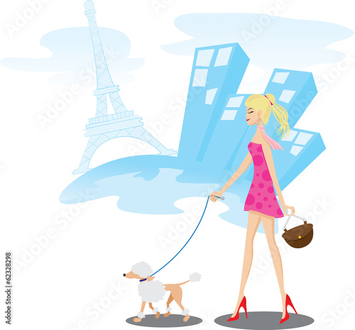 Girl walking in Paris with poodle dog