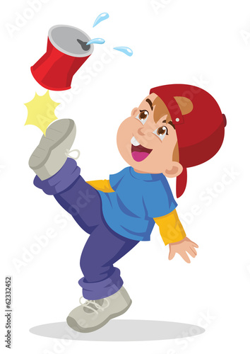 Cartoon illustration of a boy kicking an empty cans