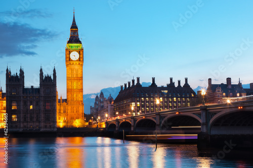 London  the UK. Big Ben and the River Thames at the evening