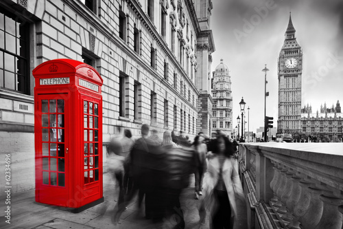 Red telephone booth and Big Ben in London, England, the UK.