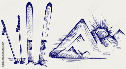 Mountains and ski equipments. Doodle style