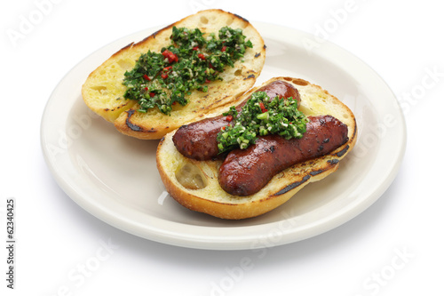 choripan  chorizo hot dog with chimichurri sauce  Argentine food