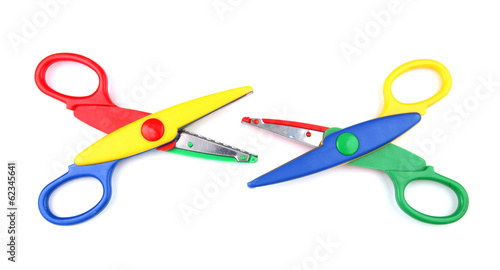 Two colorful open scissors