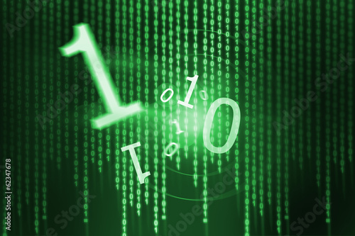 Flying digits over green background with binary code
