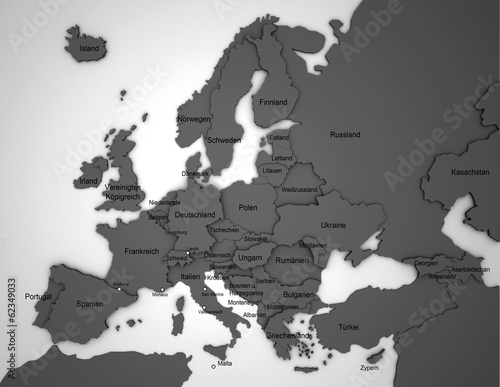 3D Europakarte mit L  ndernamen auf deutsch in grau
