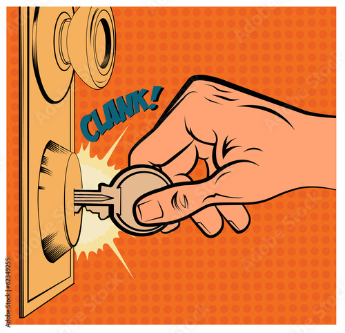 Vintage illustration of a hand holding a key and opening a door