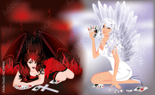 Devil and angel girls playing poker, vector illustration
