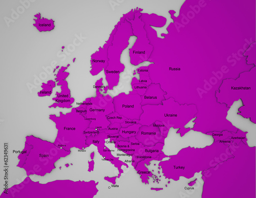 3D Europakarte mit Ländernamen auf englisch in lila © Benjamin ['O°] Zweig