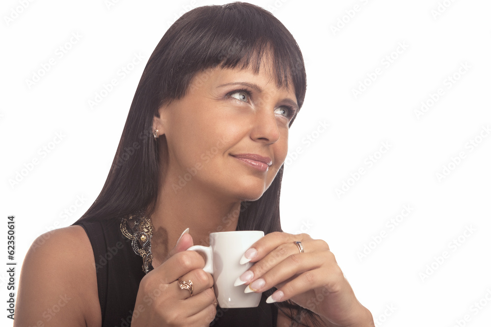 Portrait of Dreaming Sensual Brunette Woman With Small Cup of Co Portrait of Dreaming Sensual Brunette Woman With Small Cup of Co