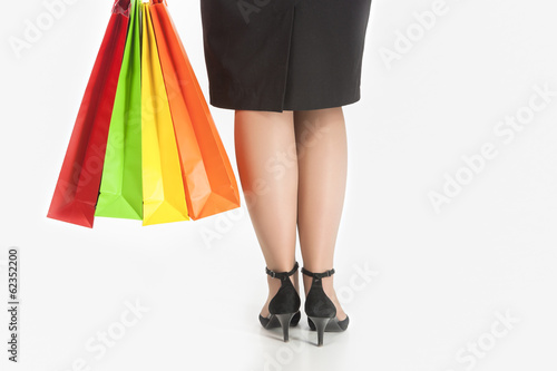 Shopping Concept: Back Closeup View of Woman Holding Shopping Co