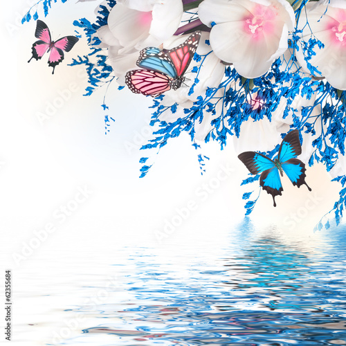 Fototapeta Naklejka Na Ścianę i Meble -  White tulips with blue grass and  butterfly. Floral background.