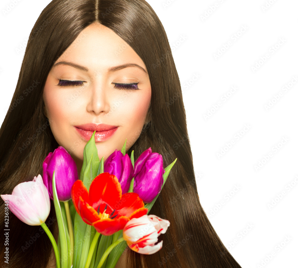 Beauty Woman with Spring Bouquet of Tulip Flowers Beauty Woman with Spring Bouquet of Tulip Flowers