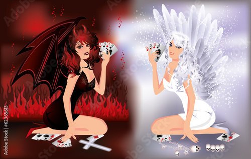 Angel and devil girls playing poker, vector