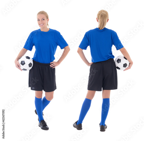 female soccer player in blue uniform isolated on white, front an