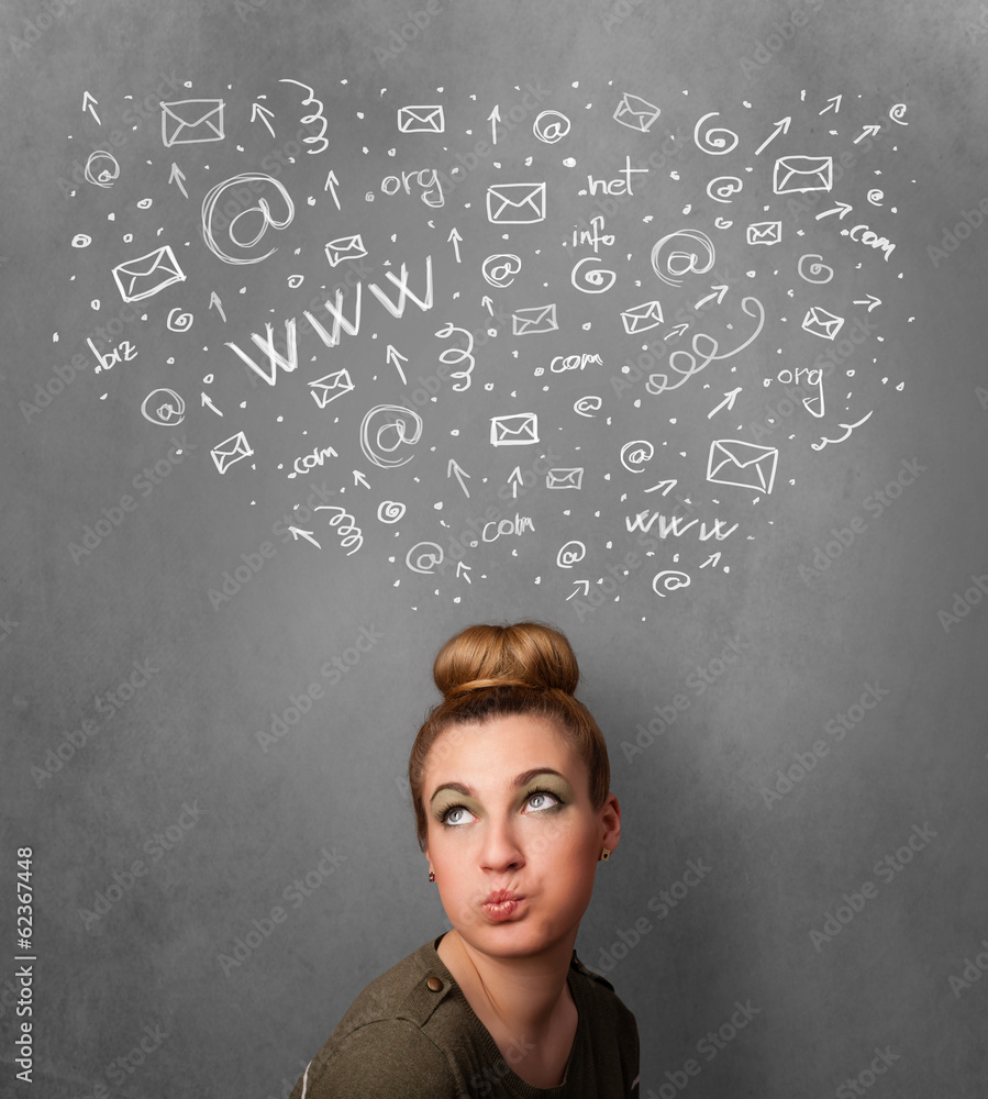 Young woman thinking with social network icons above her head Young woman thinking with social network icons above her head