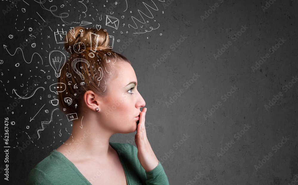 Young girl thinking with abstract icons on her head Young girl thinking with abstract icons on her head
