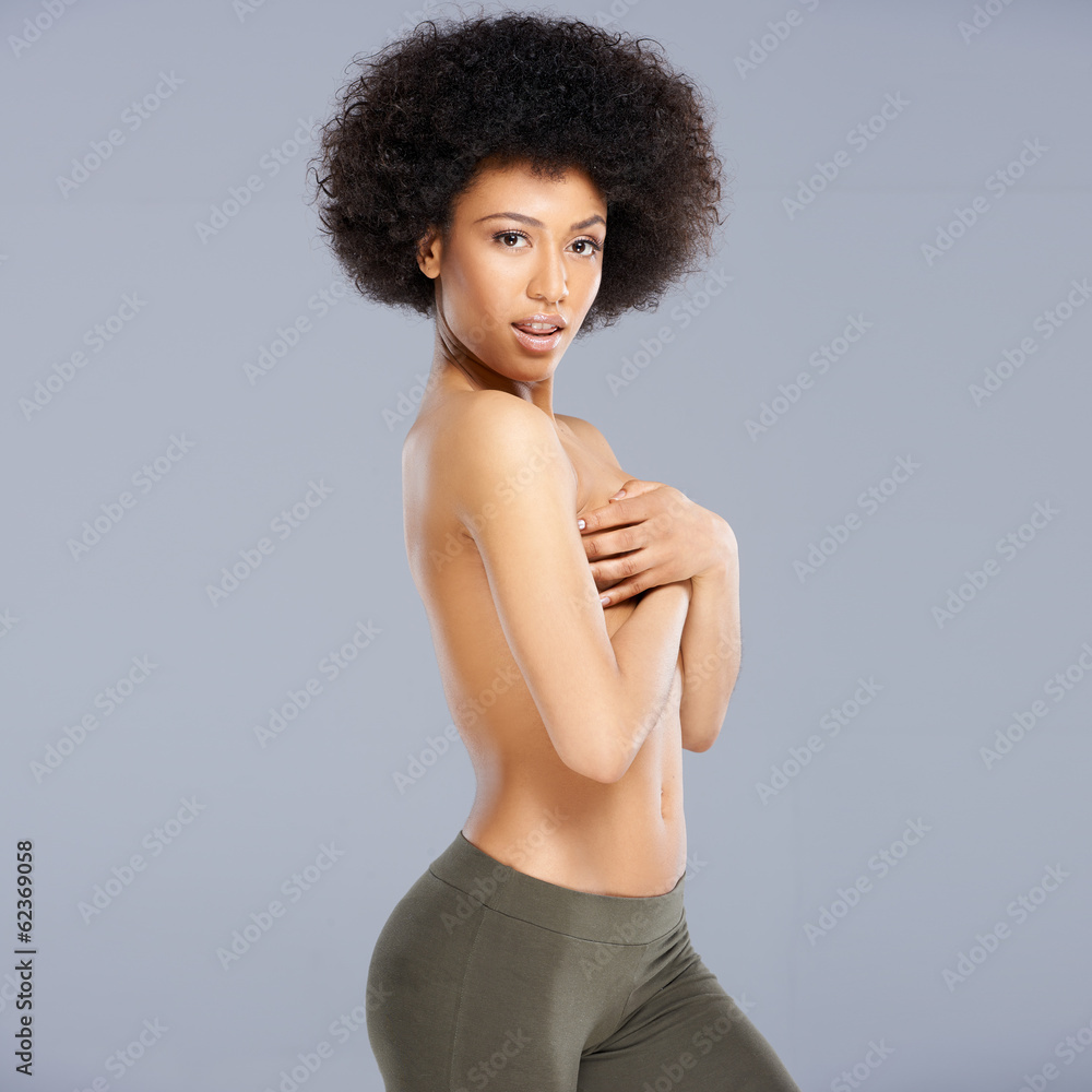Topless provocative African American woman Topless provocative African American woman