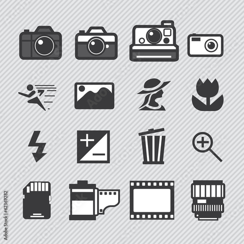 Photography camera lens and accessories set vector icons