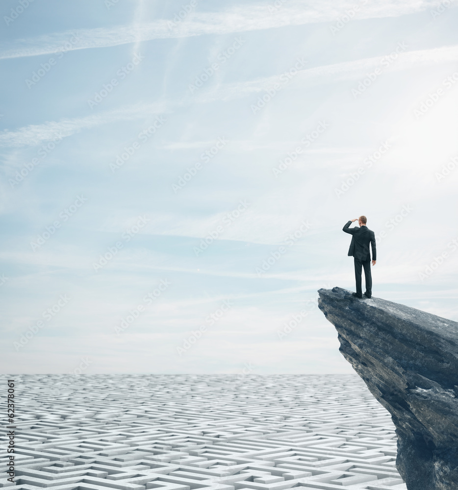 Businessman standing on a rock and looking at huge maze Businessman standing on a rock and looking at huge maze