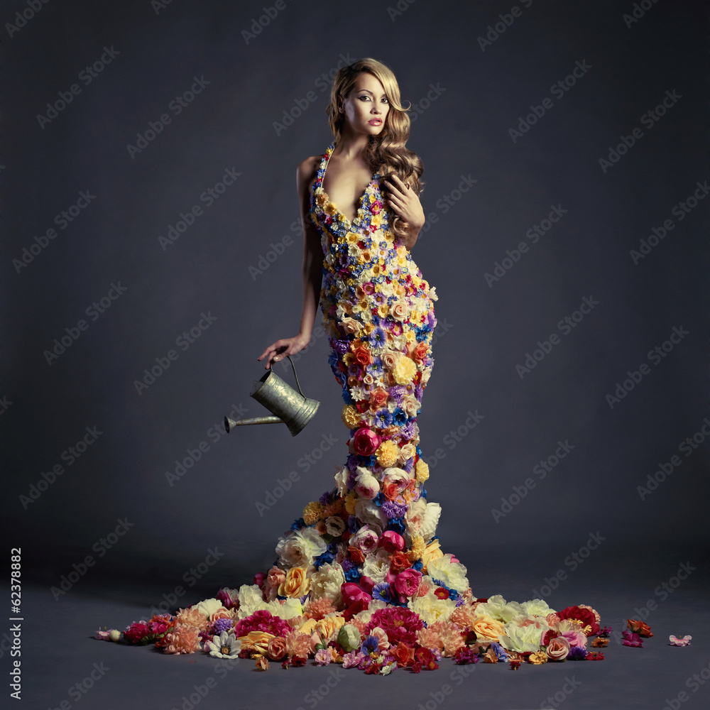 Gorgeous lady in dress of flowers - obrazy, fototapety, plakaty 