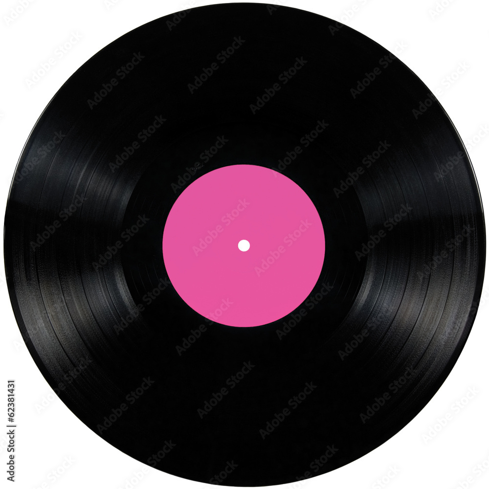 Black vinyl record lp album disc; isolated disk pink label foto de Stock