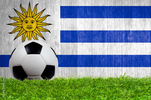 Soccer ball on grass with Uruguay flag background