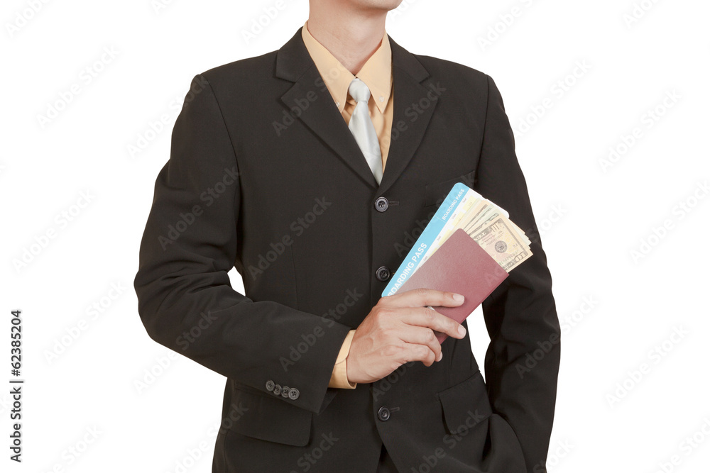 Businessman hold passport, boarding pass and dollar Businessman hold passport, boarding pass and dollar