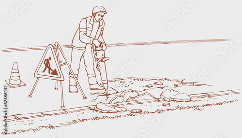 Vector drawing. Roadworks. Construction worker with jackhammer