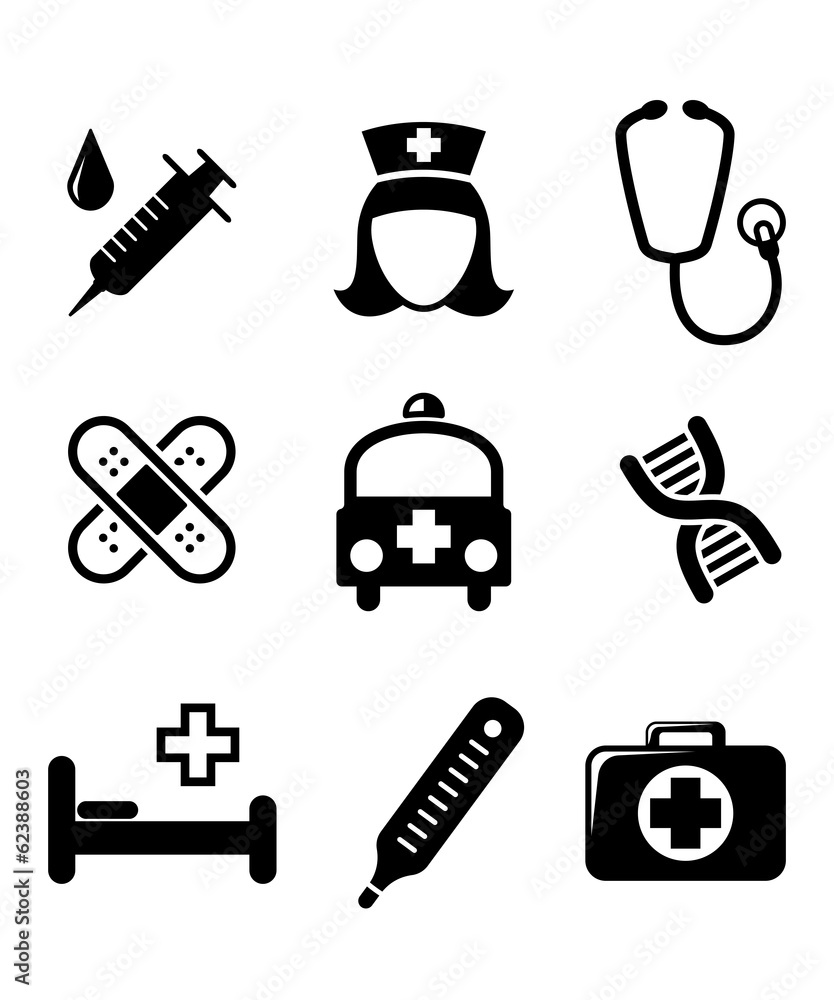 Set of black and white medical icons Set of black and white medical icons