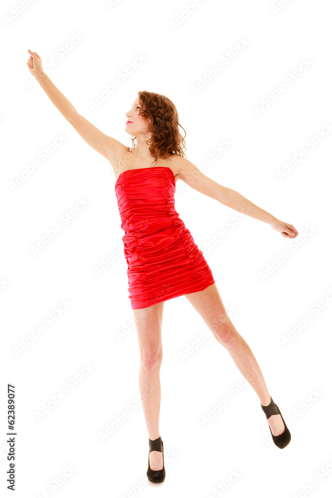 Full length woman in dress holding imaginary balloons and flying Full length woman in dress holding imaginary balloons and flying