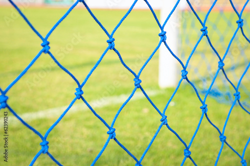 Blue Goal net. Shallow perspective, green grass