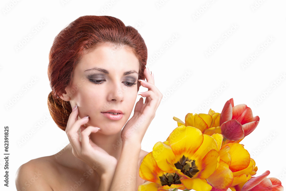 Beauty Woman brunette with Spring Flower bouquet tulips Beauty Woman brunette with Spring Flower bouquet tulips