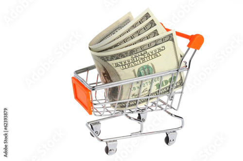 Money in shopping cart isolated on white background