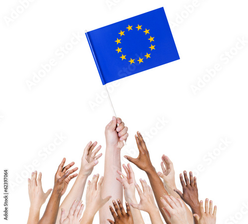 Group Diverse Hands Holding the Flag of European Union