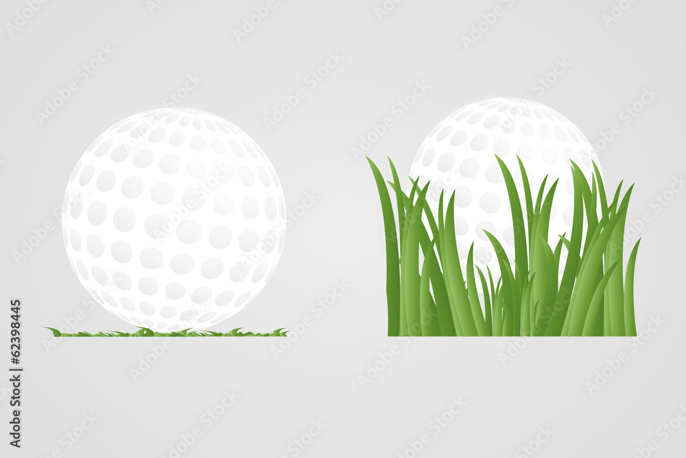 Fototapeta Golf ball on green grass, vector illustration