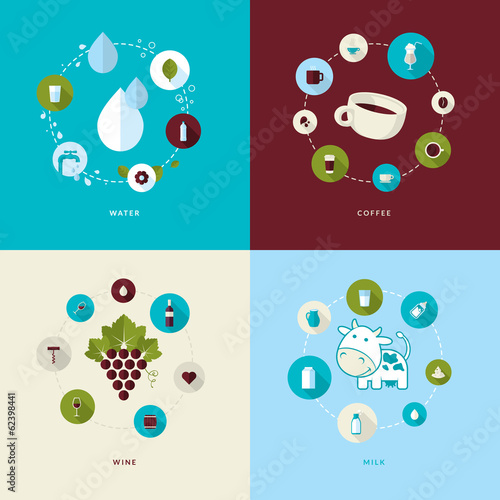 Flat design concept icons for water, coffee, wine and milk.