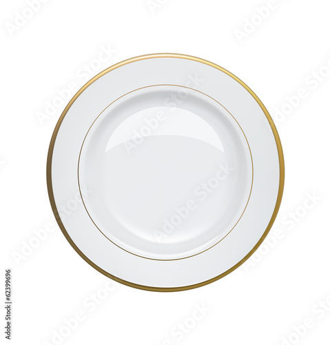 White plate with gold rims on white background. Vector illustrat