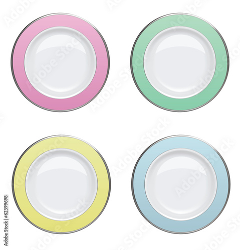 Colorful plate with gold rims on white background. Vector illust