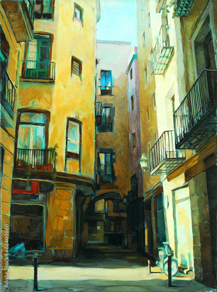 Fototapeta premium ancient gothic quarter of barcelona, painting, illustration