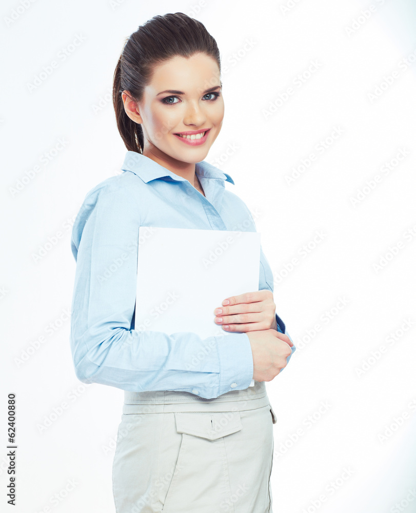 Woman hold white paper banner isolated over white background Woman hold white paper banner isolated over white background