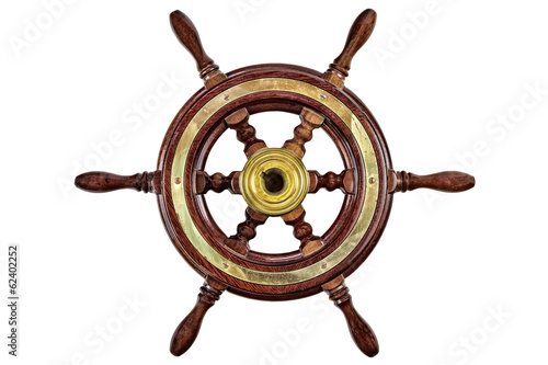 Vintage ship steering wheel rudder isolated on white photo