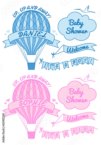 new baby boy and girl with hot air balloon, vector