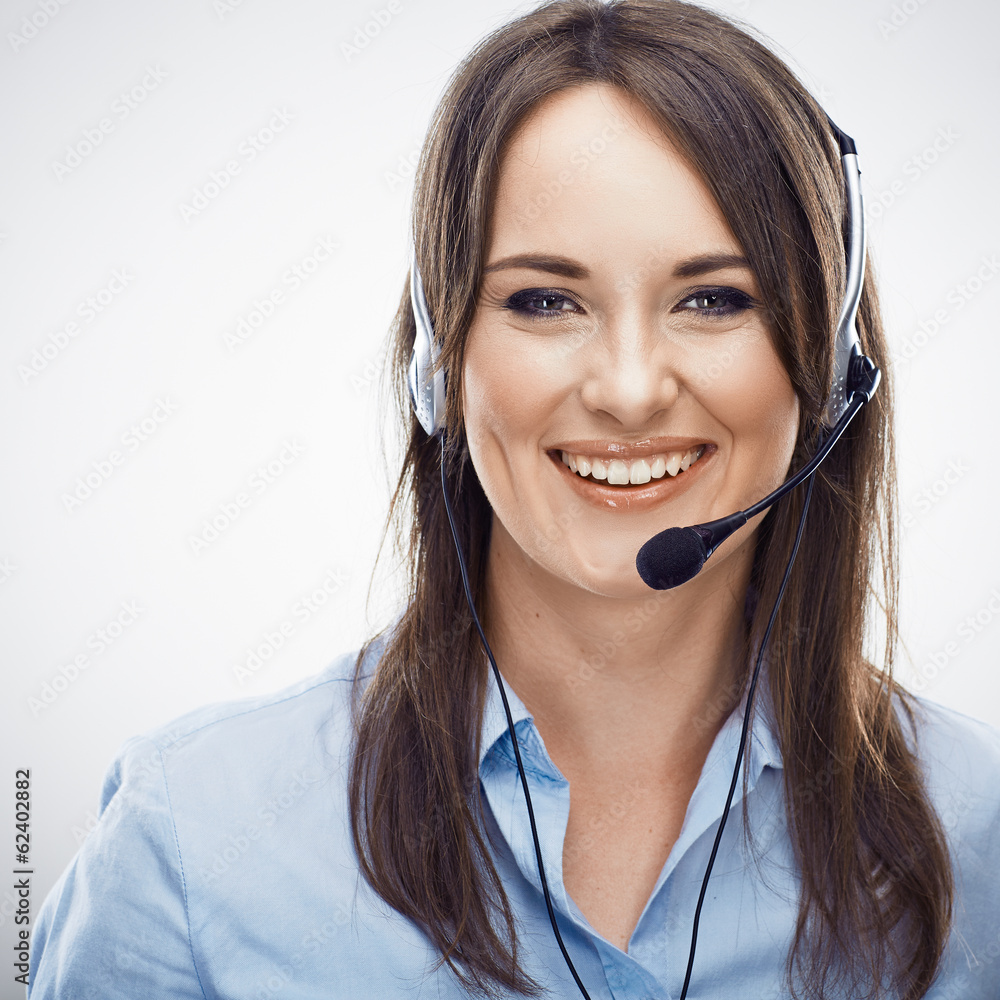 Portrait of woman customer service worker, call center smiling Portrait of woman customer service worker, call center smiling