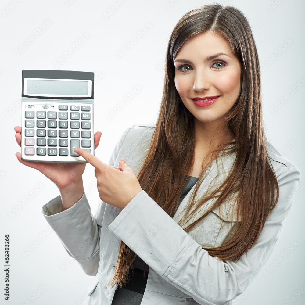 Woman accountant portrait. Young business woman. White backgrou Woman accountant portrait. Young business woman. White backgrou