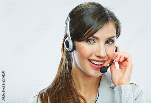Customer support operator. Woman face.Call center smiling opera