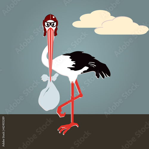 Illustration in retro style of child-bearing stork