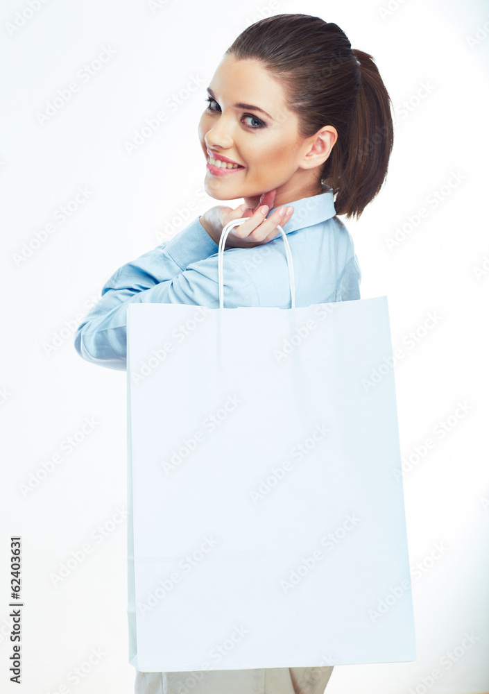 Business woman hold white shopping bag. Business woman hold white shopping bag.