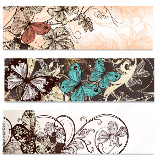 Business cards set in floral style with butterflies for design