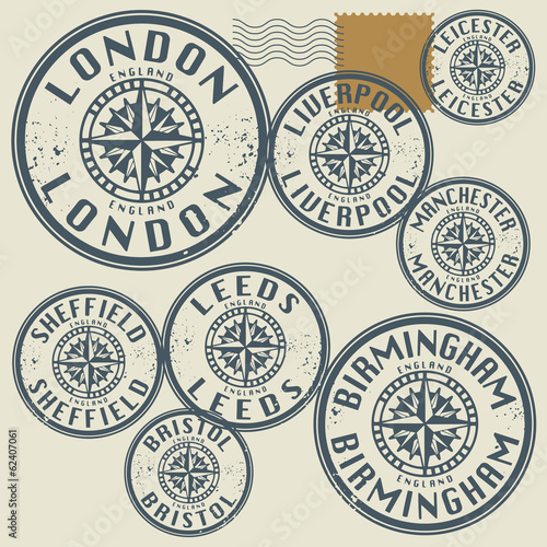 Grunge rubber stamp set with names of England cities